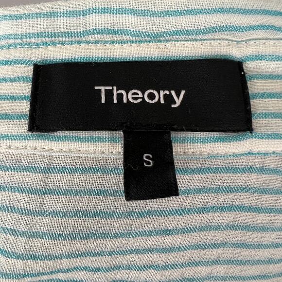 THEORY Green White Straight Shirt Organic Cotton Stripe Button-Up Long Sleeve S - Picture 9 of 11